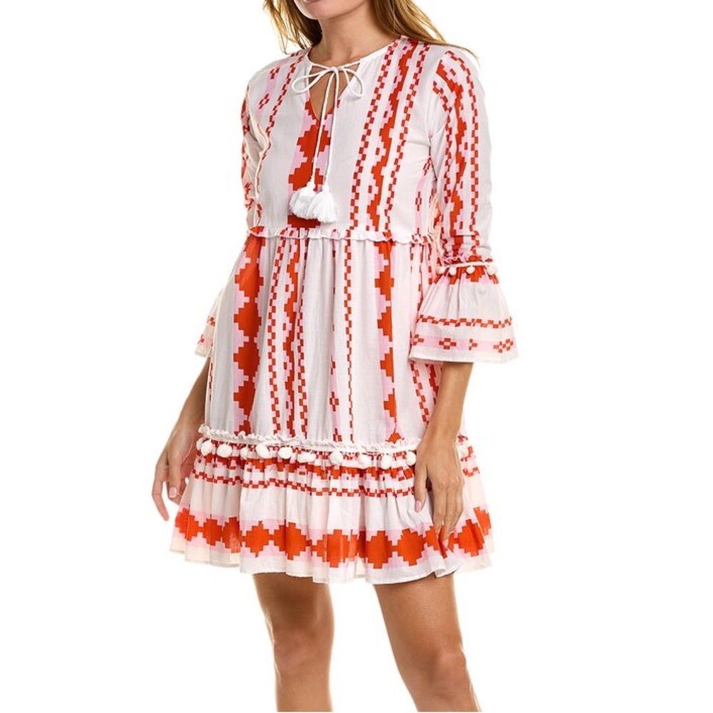 Bindu Kalita Bohemian Red, Pink and White with Pom poms‎ & 3/4 Sleeve Dress - XS
